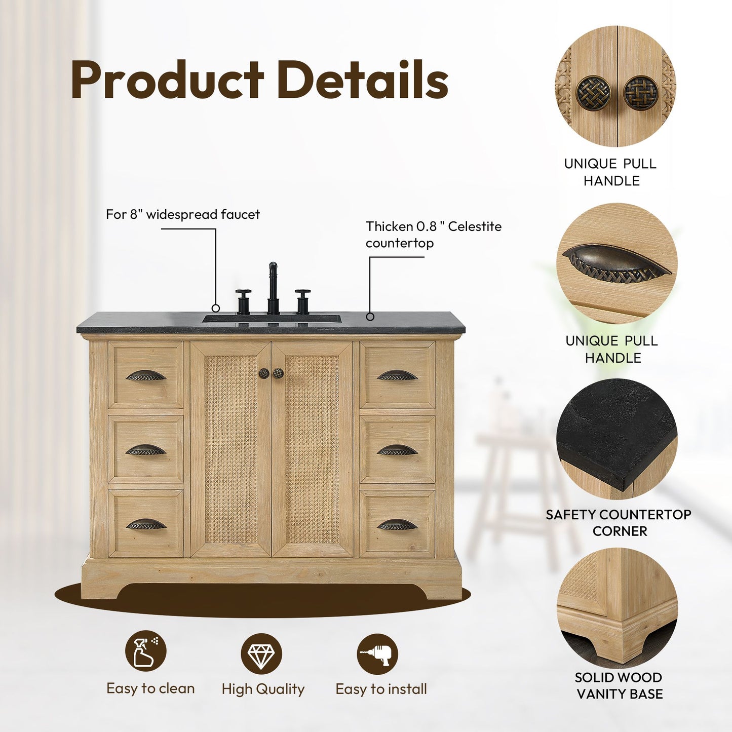 Hervas 48" Free-standing Single Bath Vanity in Fir Wood Brown with Black Natural Celestite Marble Top