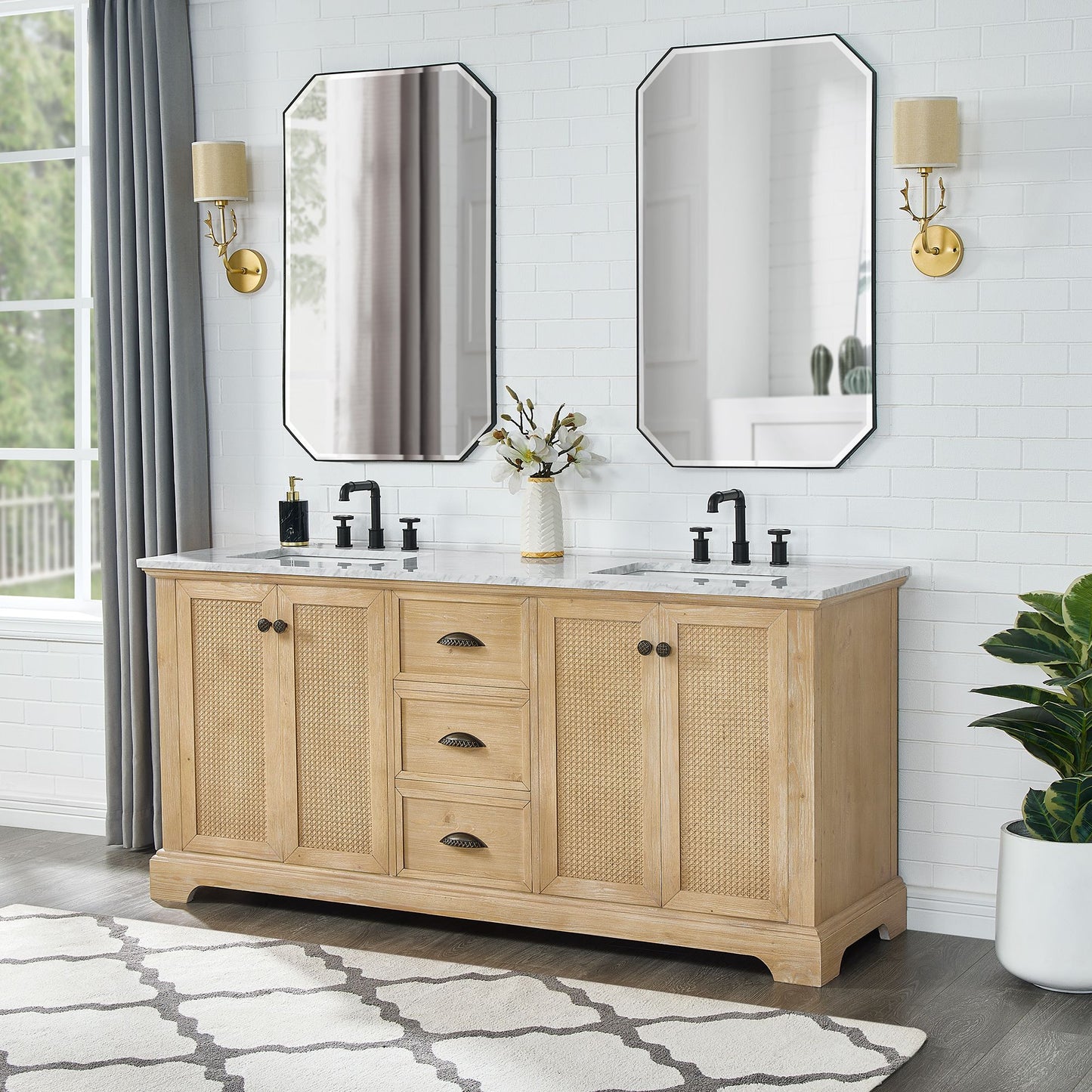Hervas 72" Free-standing Double Bath Vanity in Fir Wood Brown with White Natural Carrara Marble Top