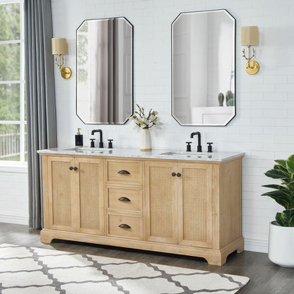 Hervas 72" Free-standing Double Bath Vanity in Fir Wood Brown with White Natural Carrara Marble Top