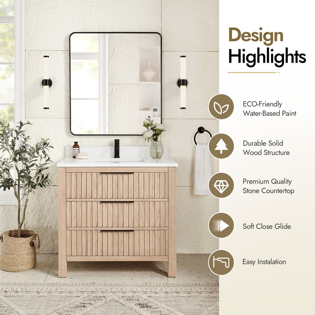 Shenzhen 36" Single Sink Bath Vanity in Aged Natural Oak