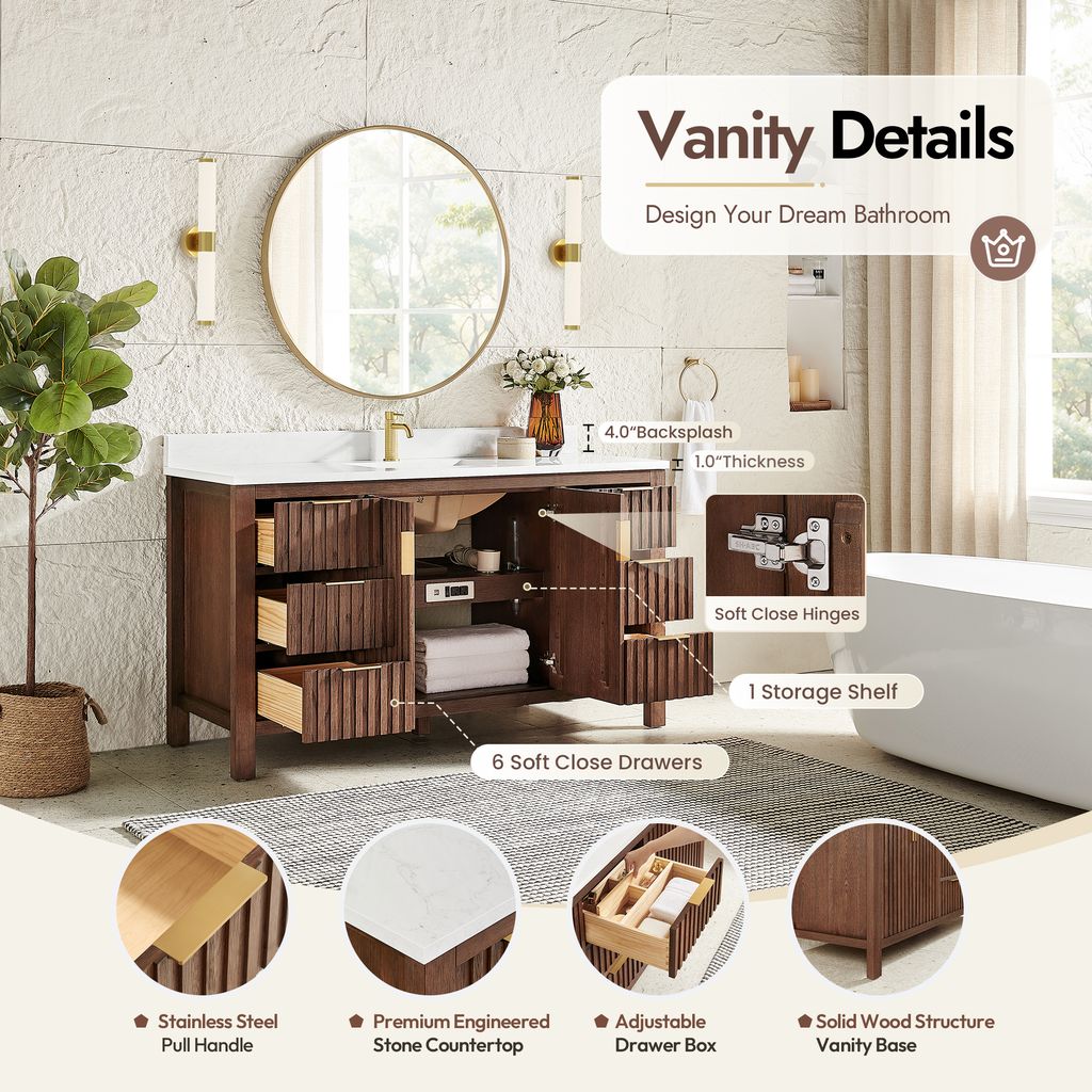 Shenzhen 60" Single Sink Bath Vanity in Aged Dark Brown Oak