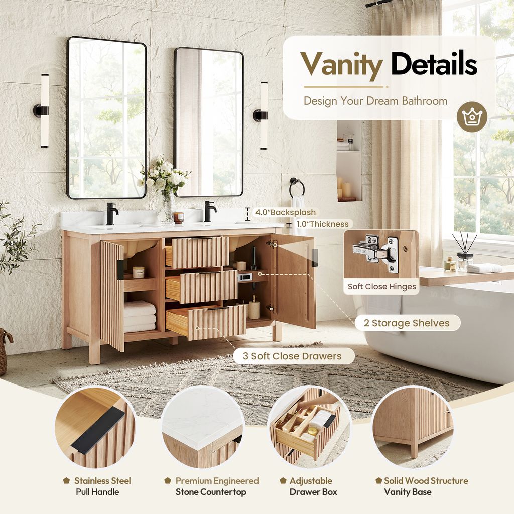 Shenzhen 60M" Double Sink Bath Vanity in Aged Natural Oak