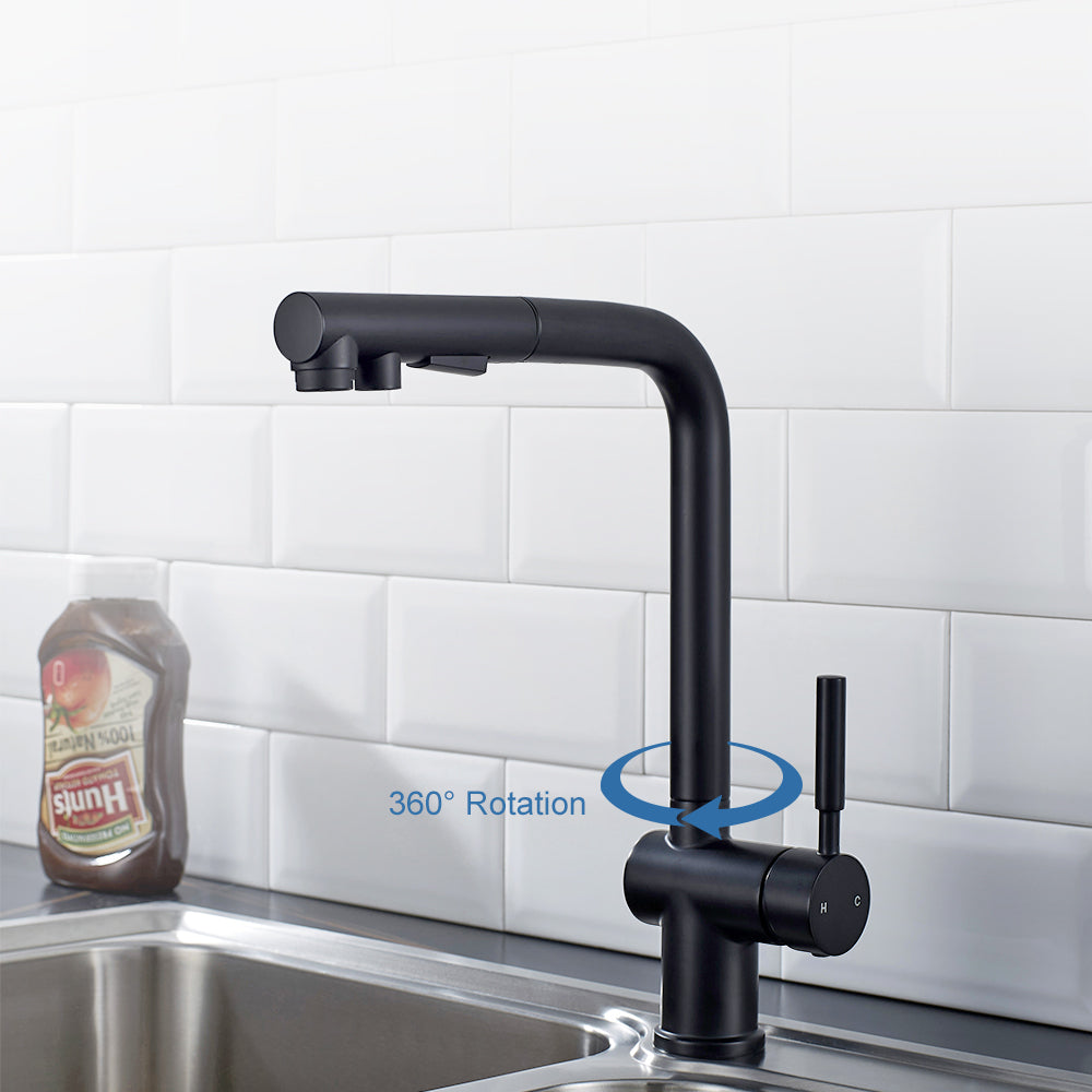 ALPHAUCET Single Handle Pull-Out Sprayer Kitchen Faucet in Matte Black
