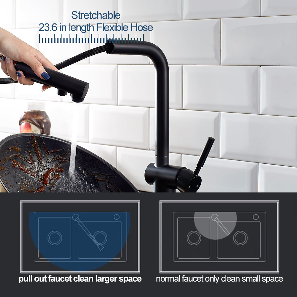ALPHAUCET Single Handle Pull-Out Sprayer Kitchen Faucet in Matte Black