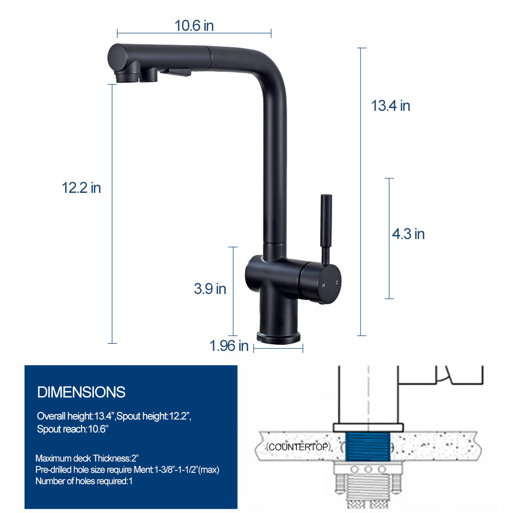 ALPHAUCET Single Handle Pull-Out Sprayer Kitchen Faucet in Matte Black