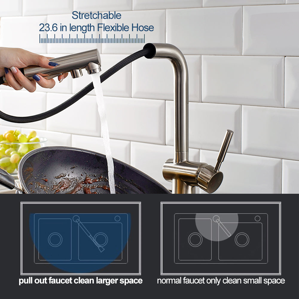 ALPHAUCET Single Handle Pull-Out Sprayer Kitchen Faucet in Brushed Nickel