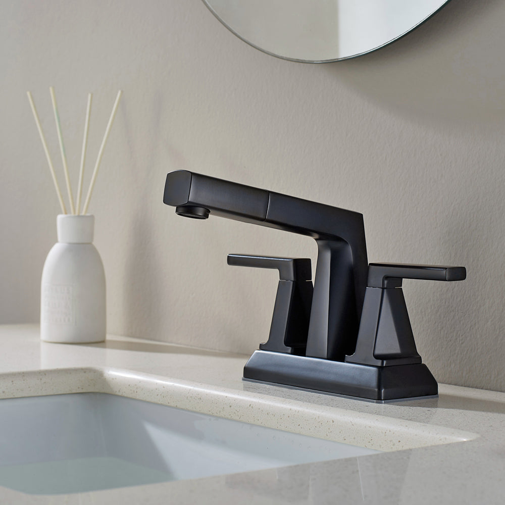 ALPHAUCET Centerset Two-Handle Pull-Out Sprayer Bathroom Faucet in Matte Black