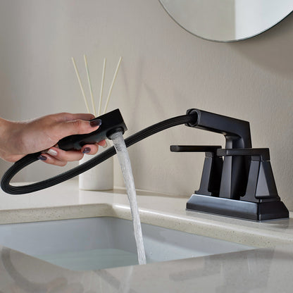 ALPHAUCET Centerset Two-Handle Pull-Out Sprayer Bathroom Faucet in Matte Black