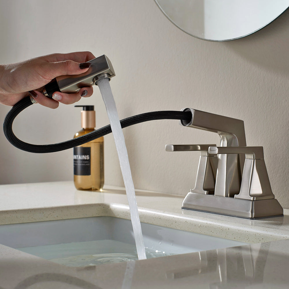 ALPHAUCET Centerset Two-Handle Pull-Out Sprayer Bathroom Faucet in Brushed Nickel