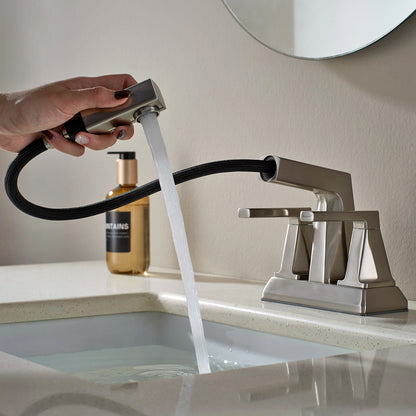 ALPHAUCET Centerset Two-Handle Pull-Out Sprayer Bathroom Faucet in Brushed Nickel