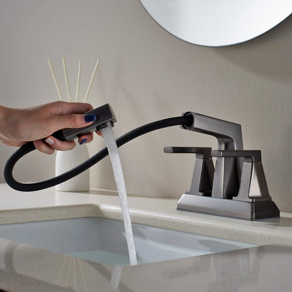 ALPHAUCET Centerset Two-Handle Pull-Out Sprayer Bathroom Faucet in Gun Gray