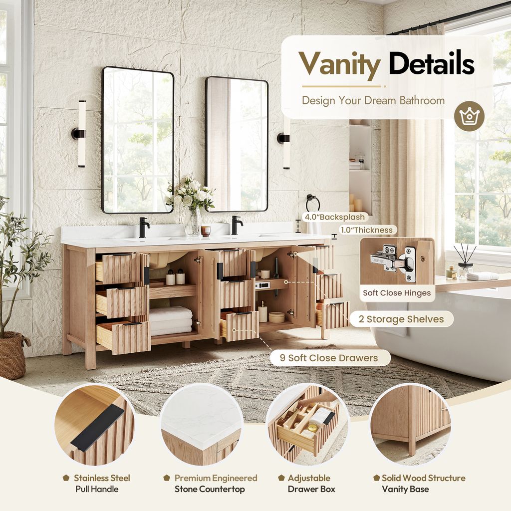 Shenzhen 84" Double Sink Bath Vanity in Aged Natural Oak