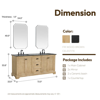 Hervas 72" Free-standing Double Bath Vanity in Fir Wood Brown with Black Natural Celestite Marble Top