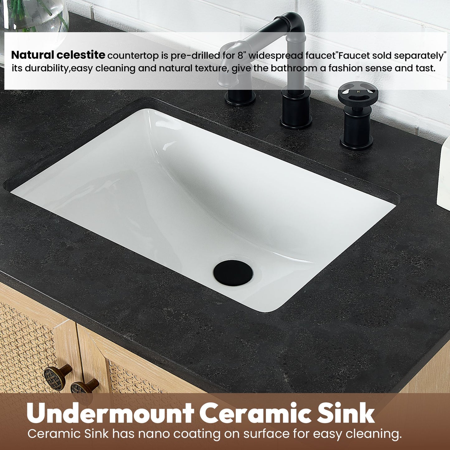 Hervas 60M" Free-standing Double Bath Vanity in Fir Wood Brown with Black Natural Celestite Marble Top