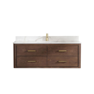 Open image in slideshow, Cristo 55&quot; Floating Single Bath Vanity in Aged Dark Brown Oak with Fish Maw White Quartz Stone Top
