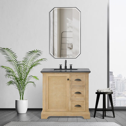 Hervas 36" Free-standing Single Bath Vanity in Fir Wood Brown with Black Natural Celestite Marble Top