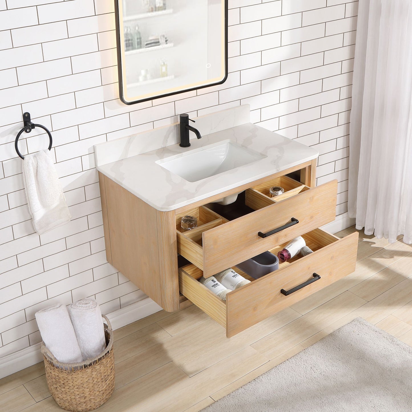 Cristo 36" Floating Single Bath Vanity in Fir Wood Brown with Fish Maw White Quartz Stone Top