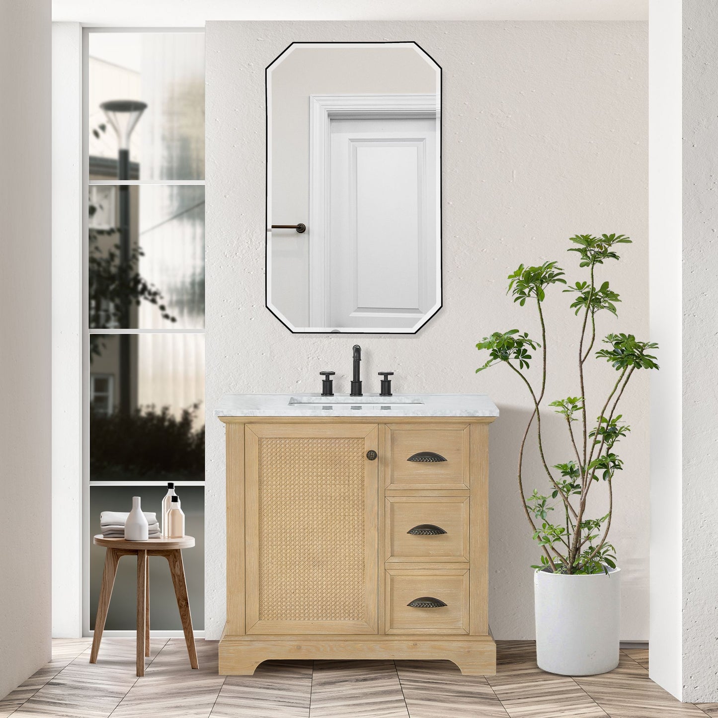Hervas 36" Free-standing Single Bath Vanity in Fir Wood Brown with White Natural Carrara Marble Top