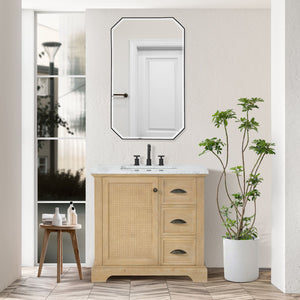 Hervas 36" Free-standing Single Bath Vanity in Fir Wood Brown with White Natural Carrara Marble Top