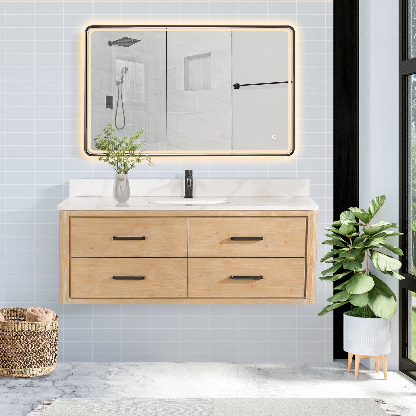 Cristo 55" Floating Single Bath Vanity in Fir Wood Brown with Fish Maw White Quartz Stone Top