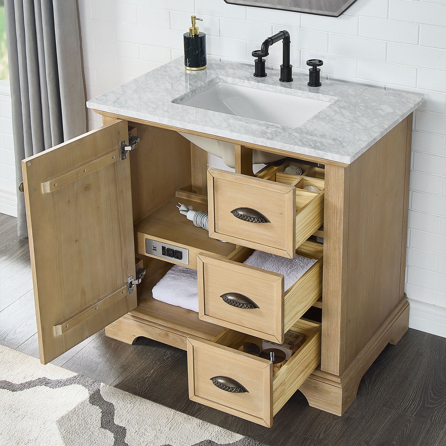 Hervas 36" Free-standing Single Bath Vanity in Fir Wood Brown with White Natural Carrara Marble Top