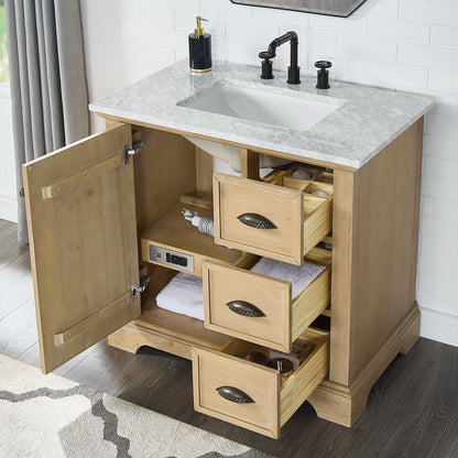 Hervas 36" Free-standing Single Bath Vanity in Fir Wood Brown with White Natural Carrara Marble Top