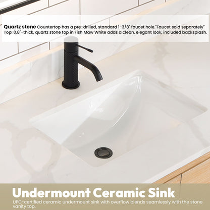 Cristo 55" Floating Single Bath Vanity in Fir Wood Brown with Fish Maw White Quartz Stone Top