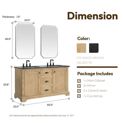 Hervas 60M" Free-standing Double Bath Vanity in Fir Wood Brown with Black Natural Celestite Marble Top