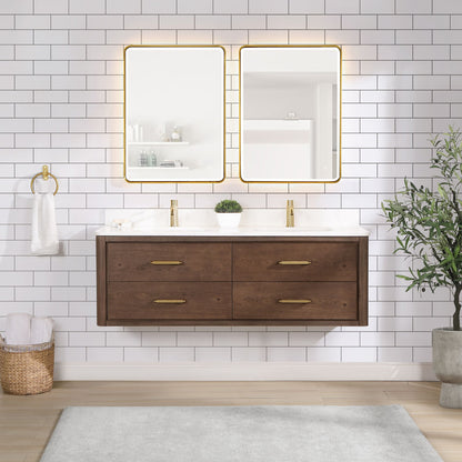 Cristo 60M" Floating Double Bath Vanity in Aged Dark Brown Oak with Fish Maw White Quartz Stone Top