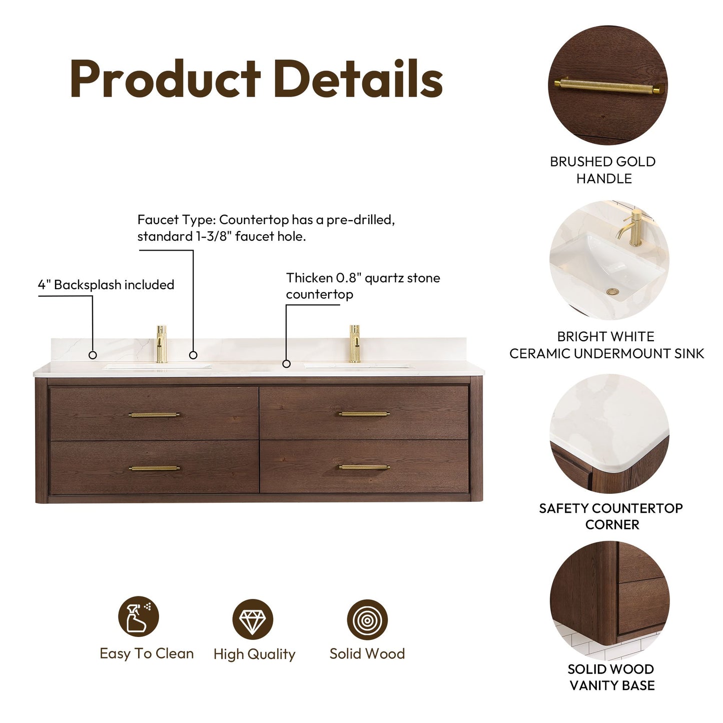 Cristo 72" Floating Double Bath Vanity in Aged Dark Brown Oak with Fish Maw White Quartz Stone Top
