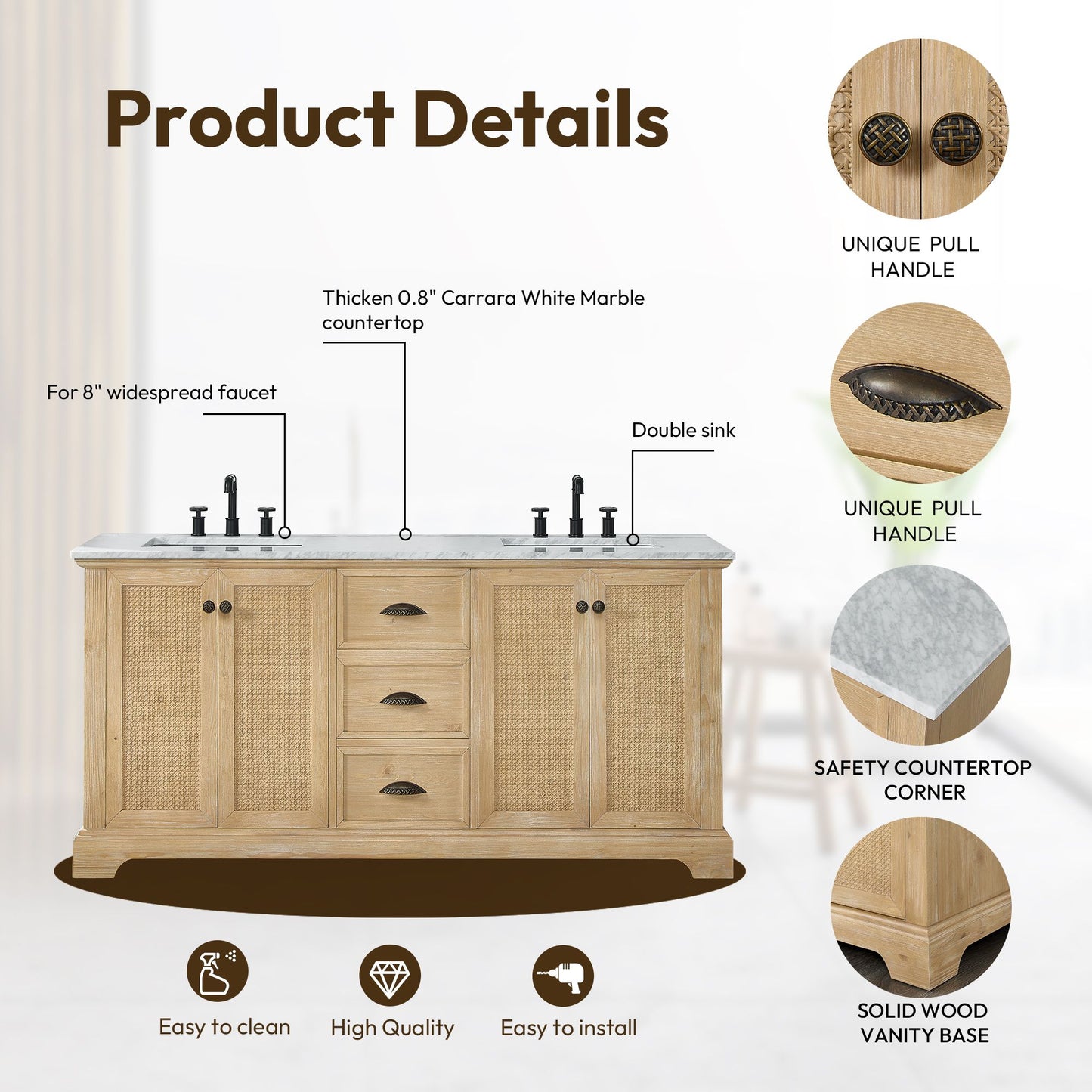 Hervas 72" Free-standing Double Bath Vanity in Fir Wood Brown with White Natural Carrara Marble Top