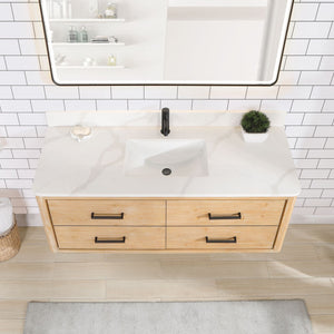 Cristo 55" Floating Single Bath Vanity in Fir Wood Brown with Fish Maw White Quartz Stone Top