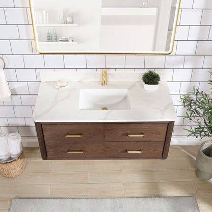 Cristo 48" Floating Single Bath Vanity in Aged Dark Brown Oak with Fish Maw White Quartz Stone Top