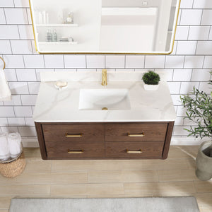 Cristo 48" Floating Single Bath Vanity in Aged Dark Brown Oak with Fish Maw White Quartz Stone Top