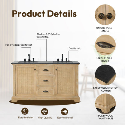 Hervas 60M" Free-standing Double Bath Vanity in Fir Wood Brown with Black Natural Celestite Marble Top