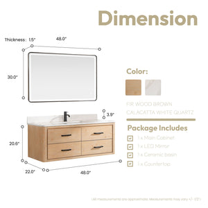 Cristo 48" Floating Single Bath Vanity in Fir Wood Brown with Fish Maw White Quartz Stone Top