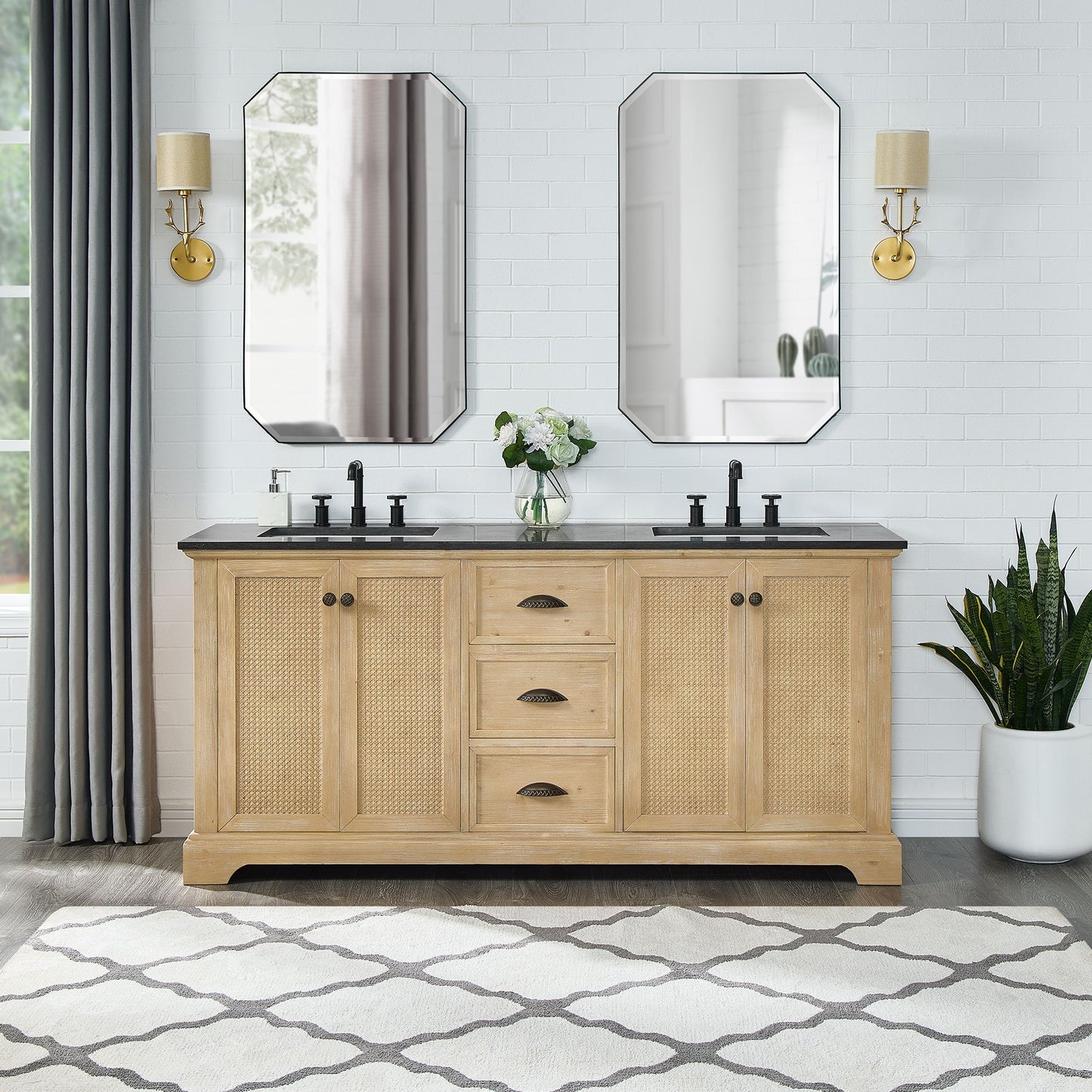 Hervas 72" Free-standing Double Bath Vanity in Fir Wood Brown with Black Natural Celestite Marble Top