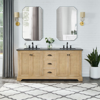 Hervas 72" Free-standing Double Bath Vanity in Fir Wood Brown with Black Natural Celestite Marble Top