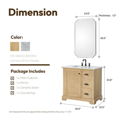 Hervas 36" Free-standing Single Bath Vanity in Fir Wood Brown with White Natural Carrara Marble Top