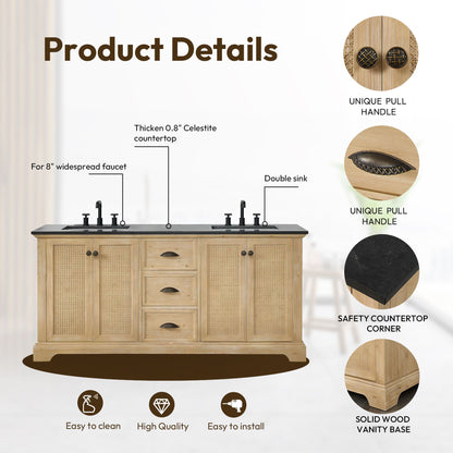 Hervas 72" Free-standing Double Bath Vanity in Fir Wood Brown with Black Natural Celestite Marble Top
