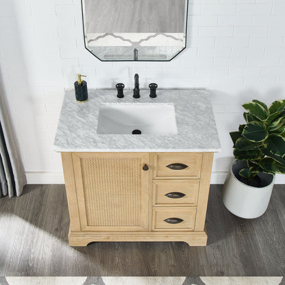 Hervas 36" Free-standing Single Bath Vanity in Fir Wood Brown with White Natural Carrara Marble Top