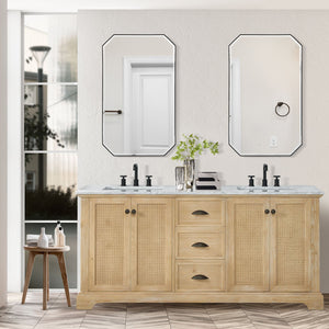 Hervas 72" Free-standing Double Bath Vanity in Fir Wood Brown with White Natural Carrara Marble Top and Mirror