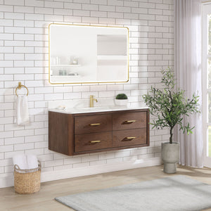 Cristo 48" Floating Single Bath Vanity in Aged Dark Brown Oak with Fish Maw White Quartz Stone Top