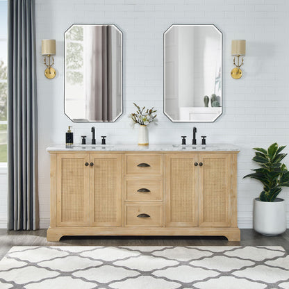 Hervas 72" Free-standing Double Bath Vanity in Fir Wood Brown with White Natural Carrara Marble Top