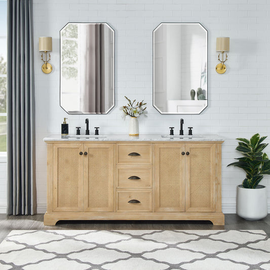 Hervas 72" Free-standing Double Bath Vanity in Fir Wood Brown with White Natural Carrara Marble Top