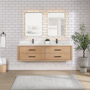 Cristo 72" Floating Double Bath Vanity in Fir Wood Brown with Fish Maw White Quartz Stone Top