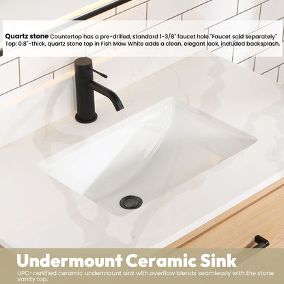 Cristo 36" Floating Single Bath Vanity in Fir Wood Brown with Fish Maw White Quartz Stone Top