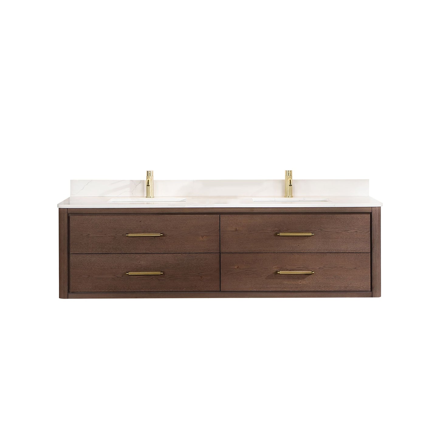 Cristo 72" Floating Double Bath Vanity in Aged Dark Brown Oak with Fish Maw White Quartz Stone Top
