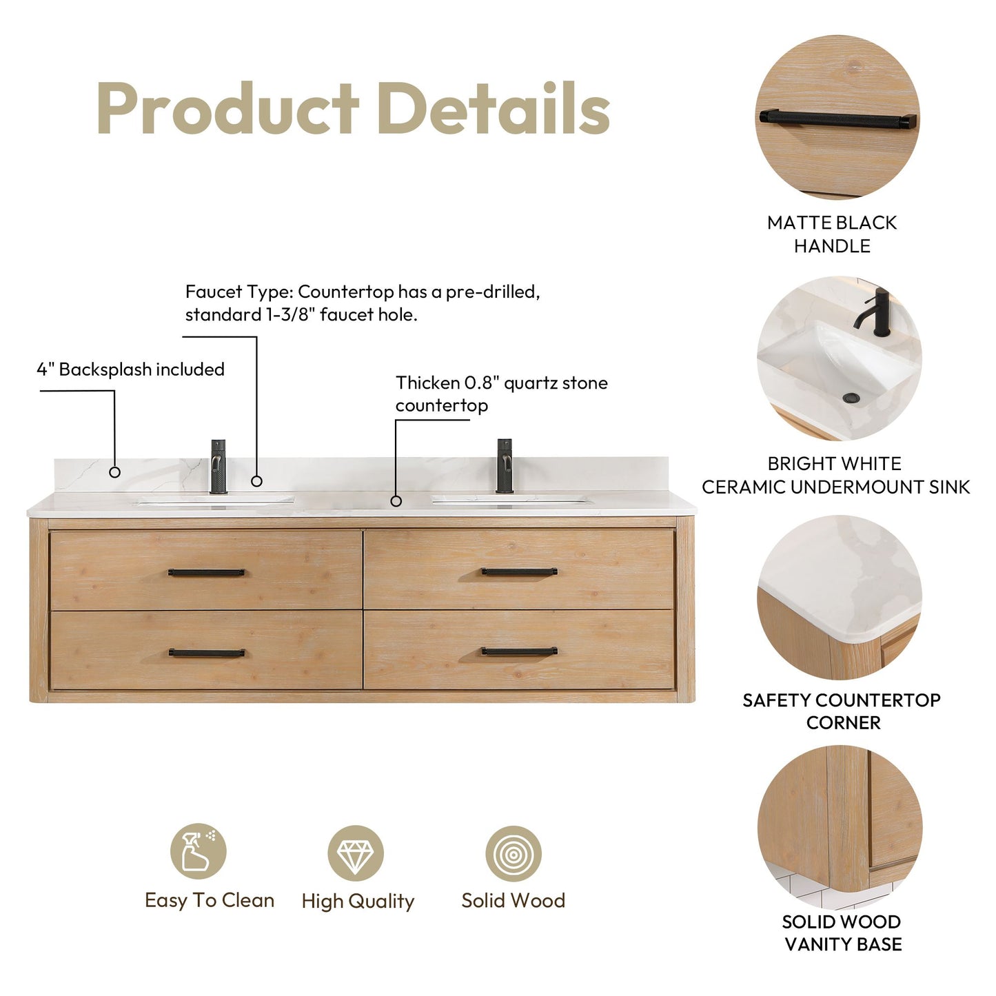 Cristo 72" Floating Double Bath Vanity in Fir Wood Brown with Fish Maw White Quartz Stone Top