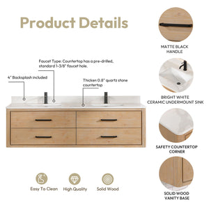 Cristo 72" Floating Double Bath Vanity in Fir Wood Brown with Fish Maw White Quartz Stone Top